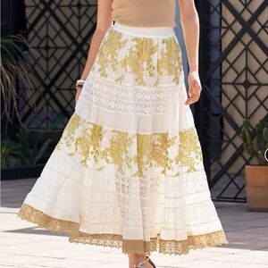 Boston Proper Tiered Gold Lace Maxi Skirt
